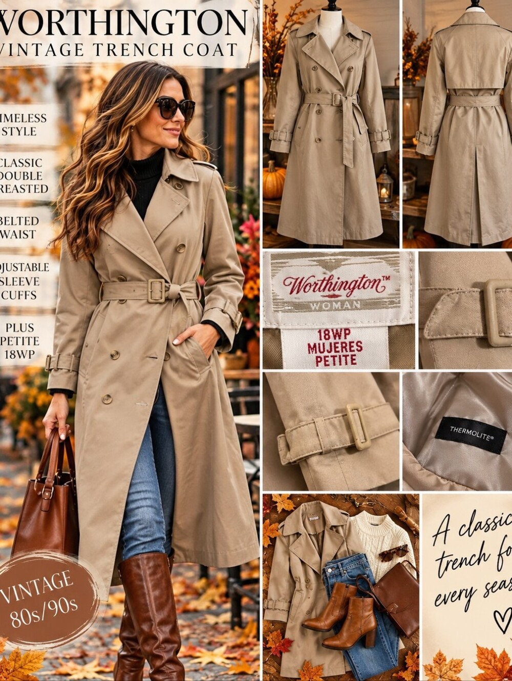 Vintage Worthington Beige Belted Trench Coat Plus Petite 18WP